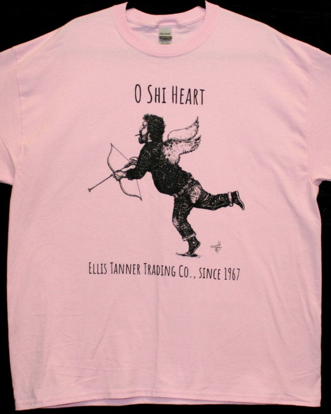 T-shirt with a picture of Ellis Tanner with wings and bow and arrow with the words "Oh Shi Heart" 