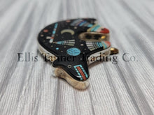 Load image into Gallery viewer, A Native American silver pin with an inlayed bear design featuring various stones such as onyx, mother of pearl, coral, pink shell, and abalone lapis.
