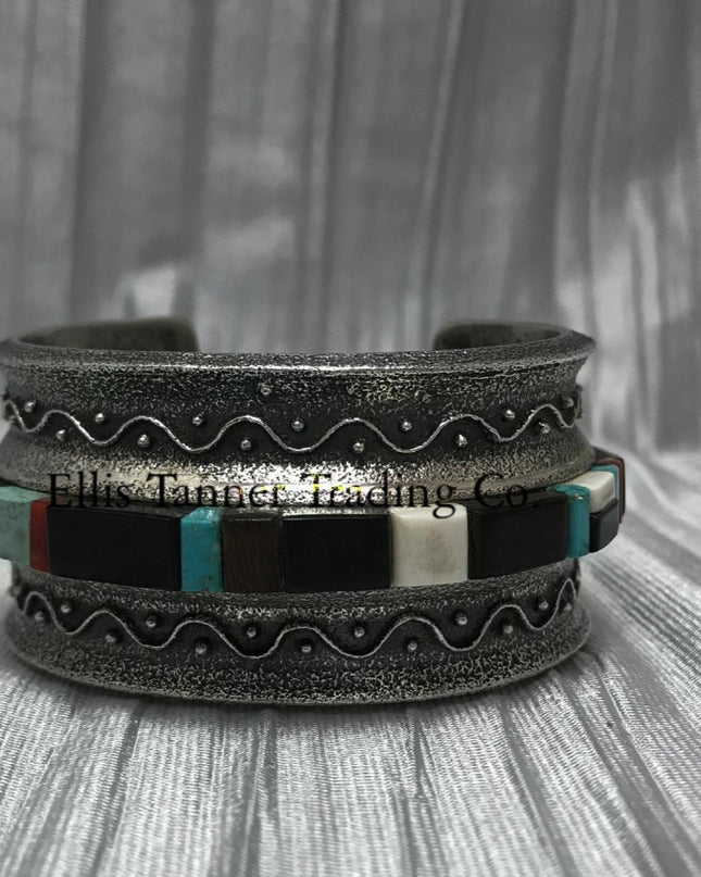 Harrison Jim Inlay Silver Bracelet Mixed Stones center view