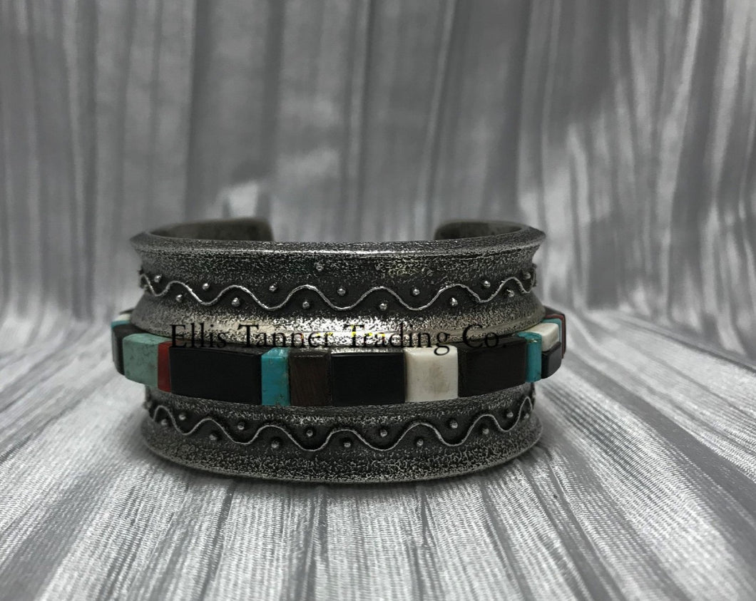 Harrison Jim Inlay Silver Bracelet Mixed Stones center view