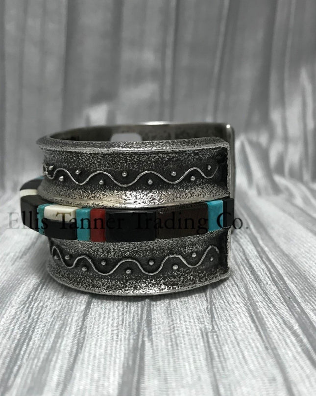 Harrison Jim Inlay Silver Bracelet Mixed Stones Side view