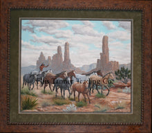 Load image into Gallery viewer, Picture of painting called Spider Rock. Painting shows 11 horses being herded by a Navajo holding a rope in his left hand. He is riding one of the horses and wearing a white headband. Behind the horses are several tall rock structures including the famous Spider Rick from the Navajo Stories.
