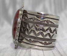 Load image into Gallery viewer, Large silver stamped cuff, side view with hand stamped designs, 
