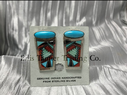 matching earrings set with sterling silver Inlayed with vibrant turquoise, coral, and Onyx geometric patterns, 